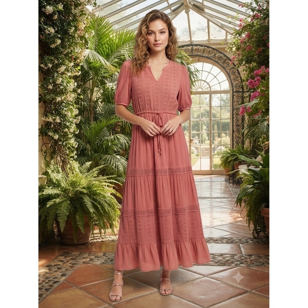 Romantic Boho Nurture by Westbound Pink Eyelet Lace Tiered Maxi Dress W/ Pockets